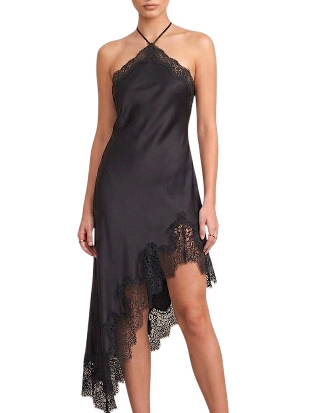 NWT REVOLVE Camila Coelho black satin lace asymmetrical hem Y2K style dress M